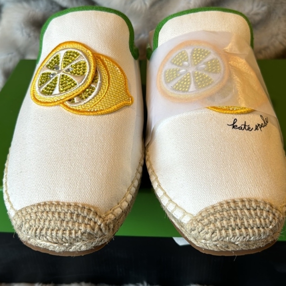 Kate Spade Azura Off White Espadrilles w Lemon Embroidery Size 8 NIB